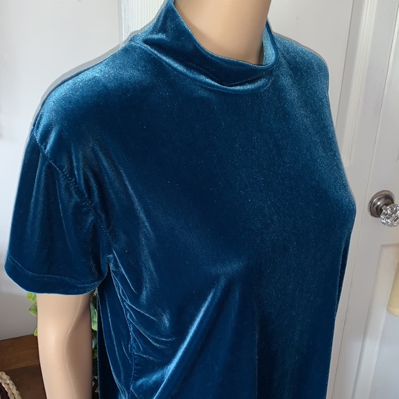 Vintage 90s teal turquoise spandex Stretch velour mock neck shirt top L - Picture 6 of 9